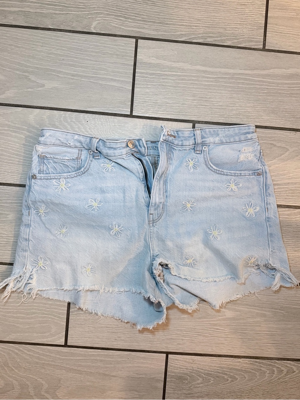 American Eagle Light Blue Daisy Embroidered Frayed Denim Shorts- size 12